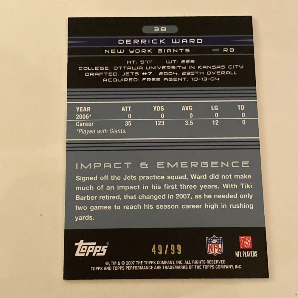 2007 Topps Performance Derrick Ward #38 /99